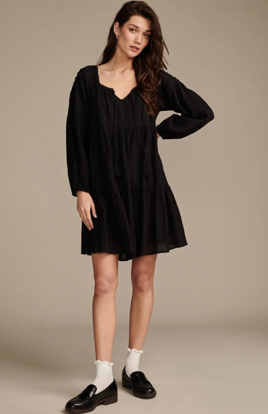 Lucky Brand Women Embroidered Tiered Long Sleeve Mini Dress Caviar Size S